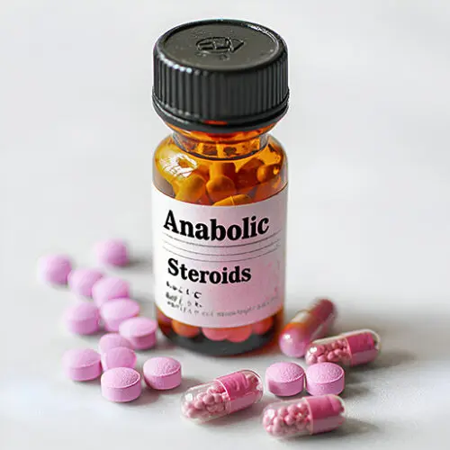 Jar of pills labeled Anabolic Steroids