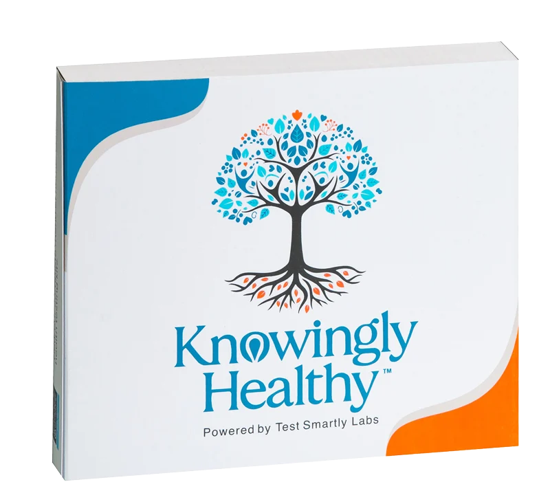 KH_040-Transparent A thin white box that reads, "Knowingly Healthy, powered by Test Smartly Labs". The package features blue and orange accents and an intricate tree logo.